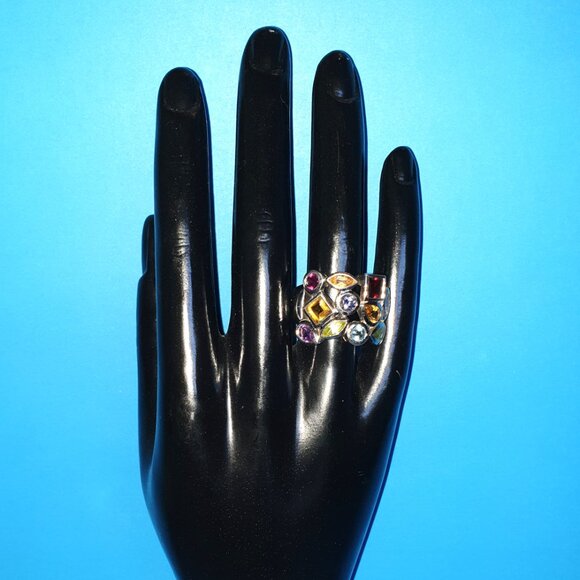 Vintage Mosaic Multi-Natural Gemstone Sterling Silver Statement Cocktail Ring - Picture 3 of 14